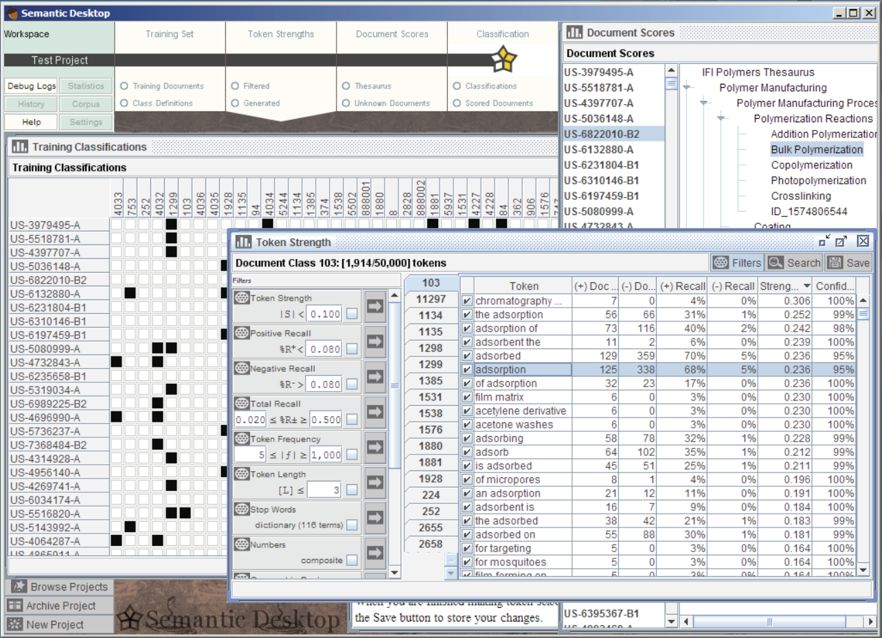 Several additional software components were developed to overcome technical barriers that arose during this project. Originally implemented as command-line utilities for vocabulary extraction, annotation and document analysis, we have developed the individual software components into a set of libraries for text mining, information extraction, document classification and terminology development. The Semantic Desktop (above) is a Java Application based on those libraries, and the components may alternatively be deployed in a web service container or integrated with third party software. The above screenshot is part of a commercial case study using the Fairview Research Alexandria Patent Database, where we demonstrate the ability to reverse-engineer the logic that human indexers use to classify large corpora of technical documents, and to measure both the quality of previously-annotated documents and the cohesion of individual document classifications.