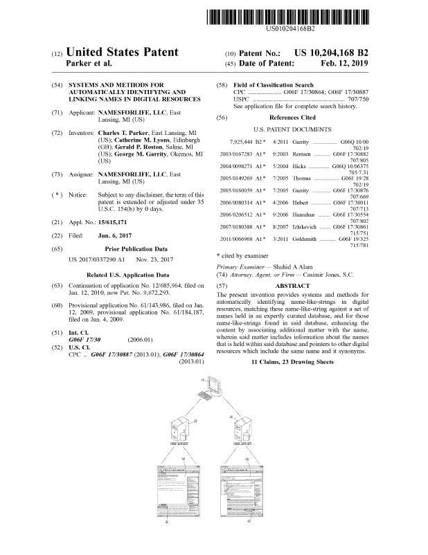 US 10,204,168 B2. Systems and Methods for Automatically Identifying and Linking Names in Digital Resources