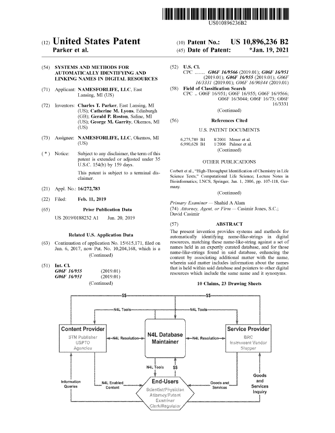 US 10,896,236 B2. Systems and Methods for Automatically Identifying and Linking Names in Digital Resources (continuation)