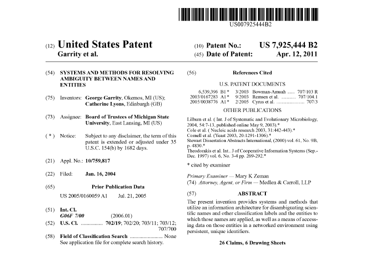 US 7,925,444 B2. Systems and methods for resolving ambiguity between names and entities