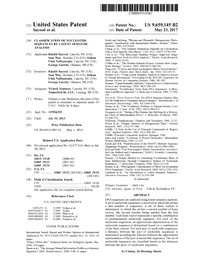 US 9,659,145 B2. Classification of Nucleotide Sequences by Latent Semantic Analysis