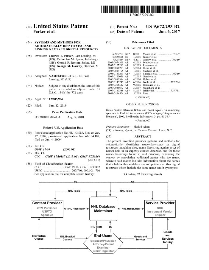 US 9,672,293 B2. Systems and Methods for Automatically Identifying and Linking Names in Digital Resources