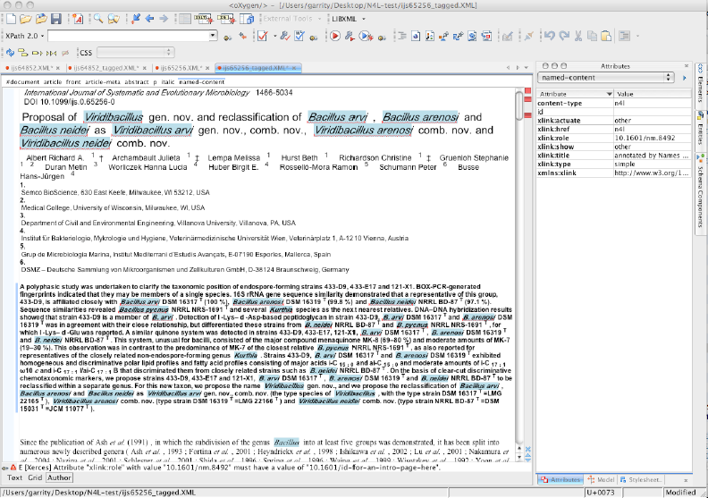 The NamesforLife processor automatically embeds NameDOIs into XML instances of manuscripts without disrupting the editorial or production workflow. When coupled with an XSL/CSS style sheet, strings that are identified as names can be highlighted for editorial review.