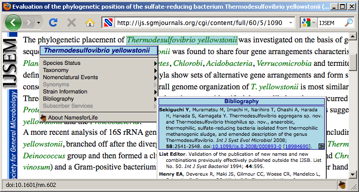 N4L::Guide moves expertise from the database into the browser. The events that NamesforLife captures are presented via a menu that collocates with the occurrence of a name on a web page. The menu provides links out to other resources and to NamesforLife Abstracts, which aggregate names and key biological information with our Name, Taxon, and Exemplar objects.